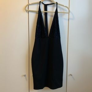 Lulus black lace deep v-neck open back mini dress